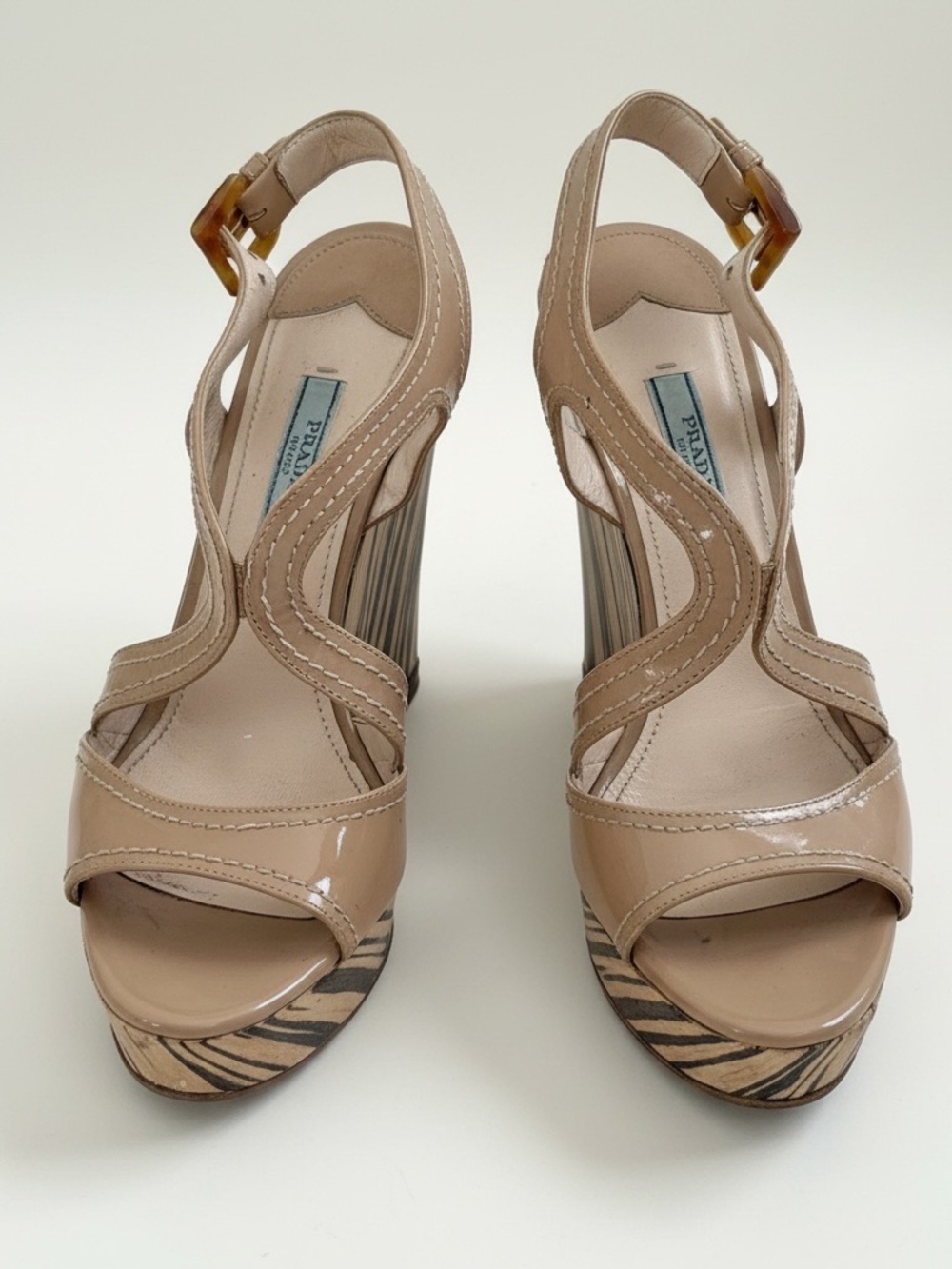 Prada SS2011 Beige Patent Zebra Stripe Wedge Sandals EU 37 US7